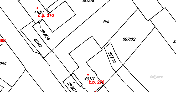 Pelhřimov 276 na parcele st. 401/1 v KÚ Pelhřimov, Katastrální mapa