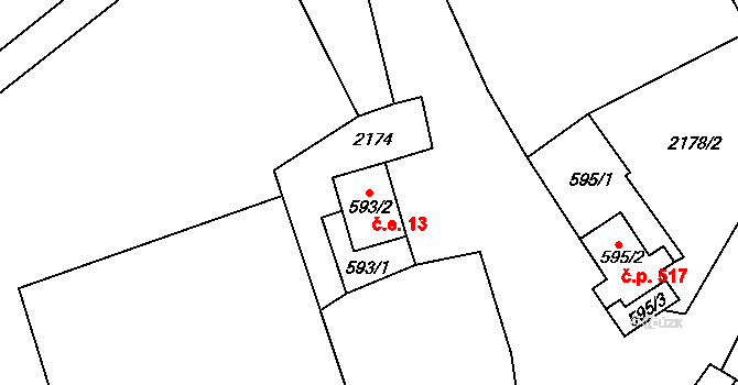 Heřmanovice 13 na parcele st. 593/2 v KÚ Heřmanovice, Katastrální mapa