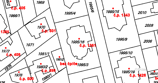 Hostivař 1361, Praha na parcele st. 1995/16 v KÚ Hostivař, Katastrální mapa