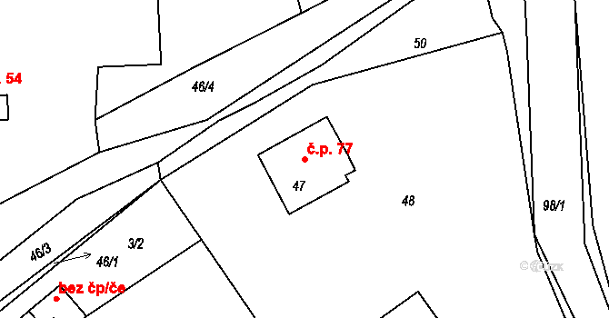 Dubenec 77 na parcele st. 47 v KÚ Dubenec u Příbramě, Katastrální mapa