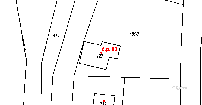 Podhůří 88, Vrchlabí na parcele st. 127 v KÚ Podhůří-Harta, Katastrální mapa