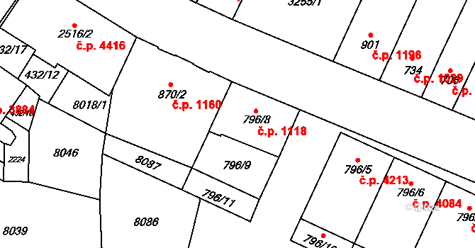 Hodonín 1118 na parcele st. 796/8 v KÚ Hodonín, Katastrální mapa