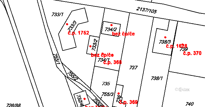 České Budějovice 2 368, České Budějovice na parcele st. 734/1 v KÚ České Budějovice 2, Katastrální mapa