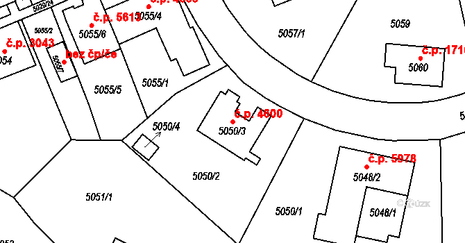 Chomutov 4600 na parcele st. 5050/3 v KÚ Chomutov I, Katastrální mapa