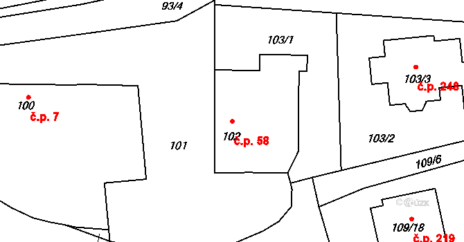 Červený Hrádek 58, Plzeň na parcele st. 102 v KÚ Červený Hrádek u Plzně, Katastrální mapa