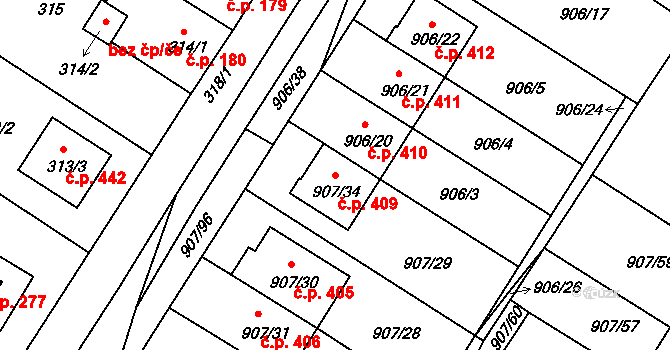 Křimice 409, Plzeň na parcele st. 907/34 v KÚ Křimice, Katastrální mapa