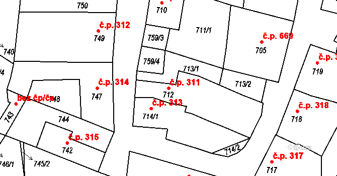Lednice 311 na parcele st. 712 v KÚ Lednice na Moravě, Katastrální mapa