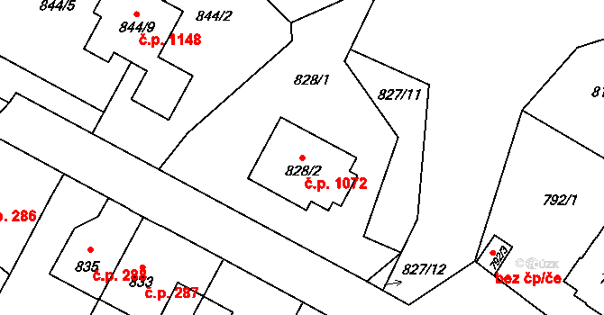 Ruzyně 1072, Praha na parcele st. 828/2 v KÚ Ruzyně, Katastrální mapa