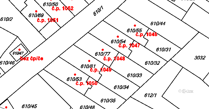Sadská 1048 na parcele st. 610/77 v KÚ Sadská, Katastrální mapa
