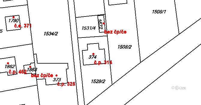 Podkozí 314, Chyňava na parcele st. 374 v KÚ Chyňava, Katastrální mapa
