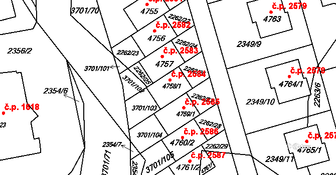 Rožnov pod Radhoštěm 2584 na parcele st. 4758/1 v KÚ Rožnov pod Radhoštěm, Katastrální mapa