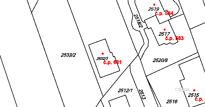 Jaktař 681, Opava na parcele st. 2532/3 v KÚ Jaktař, Katastrální mapa
