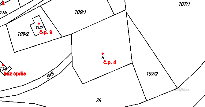Sovinec 4, Jiříkov na parcele st. 5 v KÚ Sovinec, Katastrální mapa