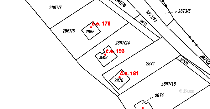 Lhota Samoty 193, Planá nad Lužnicí na parcele st. 2869/1 v KÚ Planá nad Lužnicí, Katastrální mapa