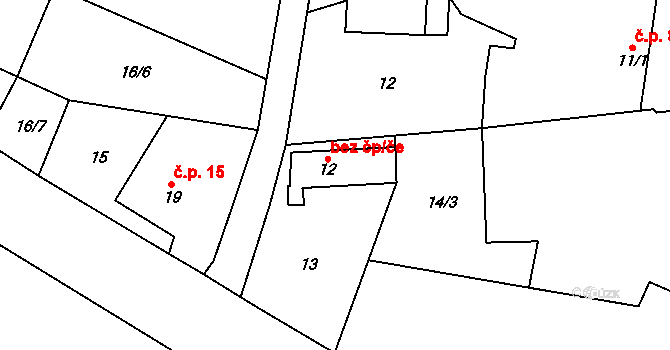 Třebenice 38362287 na parcele st. 12 v KÚ Chroustov u Třebenic, Katastrální mapa