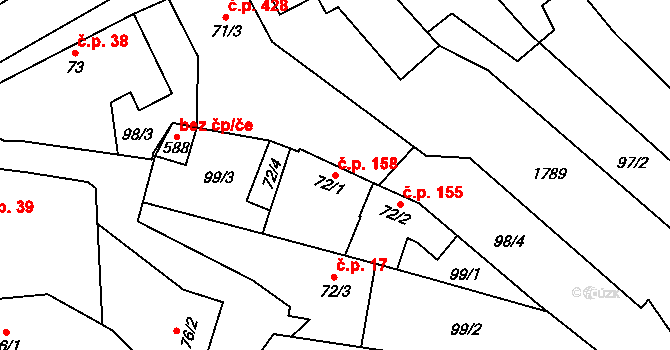 Bílovice 158 na parcele st. 72/1 v KÚ Bílovice u Uherského Hradiště, Katastrální mapa