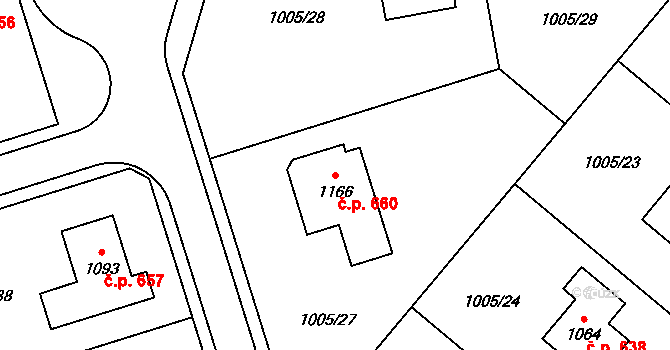 Dolní Újezd 660 na parcele st. 1166 v KÚ Dolní Újezd u Litomyšle, Katastrální mapa