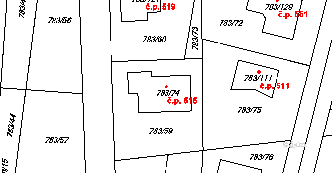 Senec 515, Zruč-Senec na parcele st. 783/74 v KÚ Senec u Plzně, Katastrální mapa
