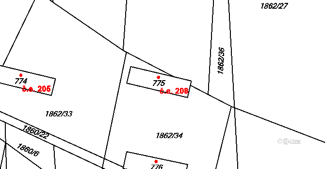 Osvětimany 208 na parcele st. 775 v KÚ Osvětimany, Katastrální mapa