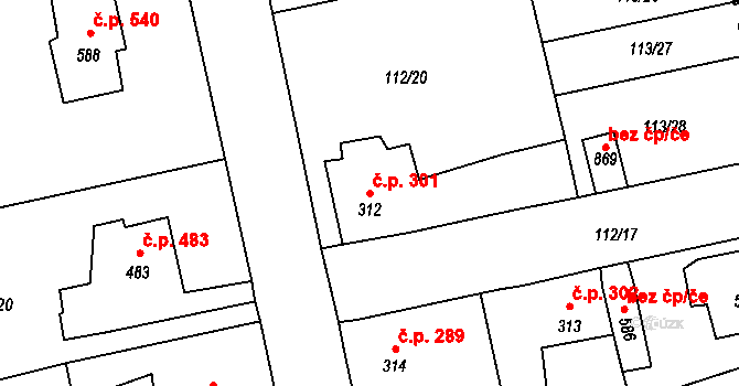 Rudná 301 na parcele st. 312 v KÚ Dušníky u Rudné, Katastrální mapa