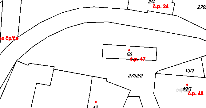 Svéradice 47 na parcele st. 50 v KÚ Svéradice, Katastrální mapa
