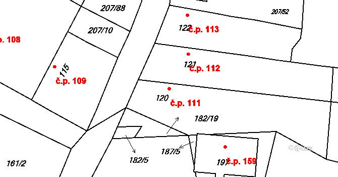 Skočice 111, Přeštice na parcele st. 120 v KÚ Skočice u Přeštic, Katastrální mapa