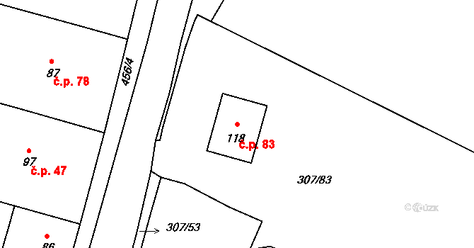 Bohouňovice I 83, Červené Pečky na parcele st. 118 v KÚ Bohouňovice I, Katastrální mapa