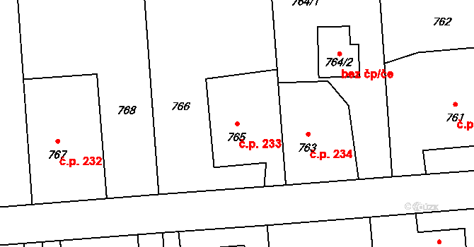 Postřelmov 233 na parcele st. 765 v KÚ Postřelmov, Katastrální mapa