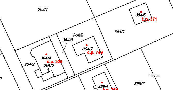Krmelín 749 na parcele st. 364/7 v KÚ Krmelín, Katastrální mapa