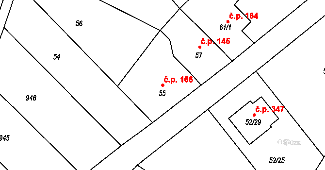 Rychlov 166, Bystřice pod Hostýnem na parcele st. 55 v KÚ Rychlov u Bystřice pod Hostýnem, Katastrální mapa