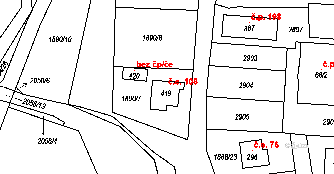 Vstiš 108 na parcele st. 419 v KÚ Vstiš, Katastrální mapa