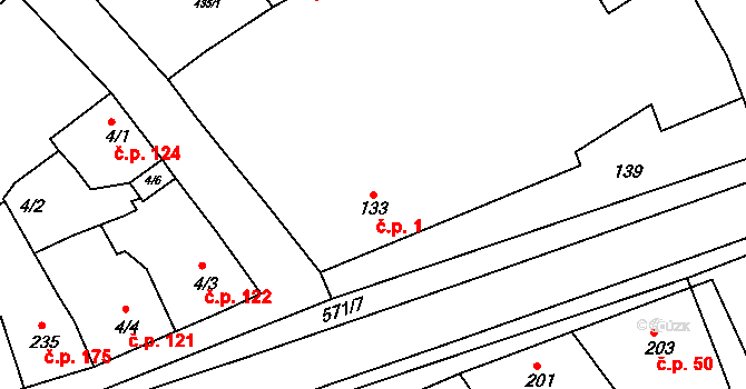 Hrubčice 1 na parcele st. 133 v KÚ Hrubčice, Katastrální mapa