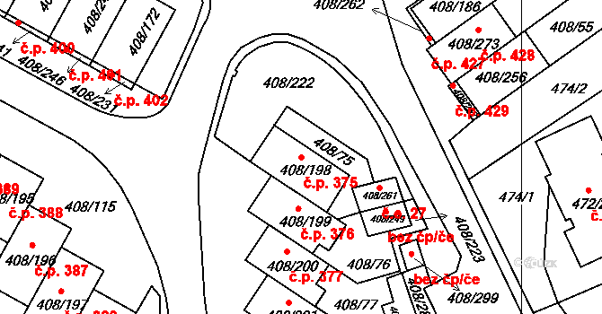 Dobšice 375 na parcele st. 408/198 v KÚ Dobšice u Znojma, Katastrální mapa