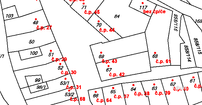 Medlovice 43 na parcele st. 69 v KÚ Medlovice, Katastrální mapa