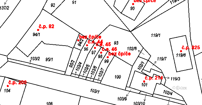 Hrádek nad Nisou 46 na parcele st. 98 v KÚ Hrádek nad Nisou, Katastrální mapa