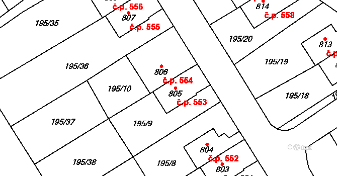 Košťany 553 na parcele st. 805 v KÚ Košťany, Katastrální mapa