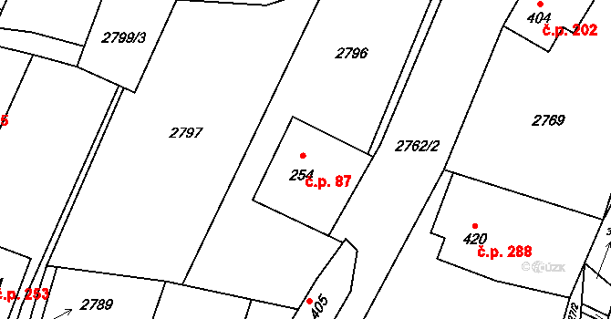 Písek 87 na parcele st. 254 v KÚ Písek u Jablunkova, Katastrální mapa