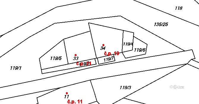 Doly 19, Bouzov na parcele st. 34 v KÚ Doly u Bouzova, Katastrální mapa