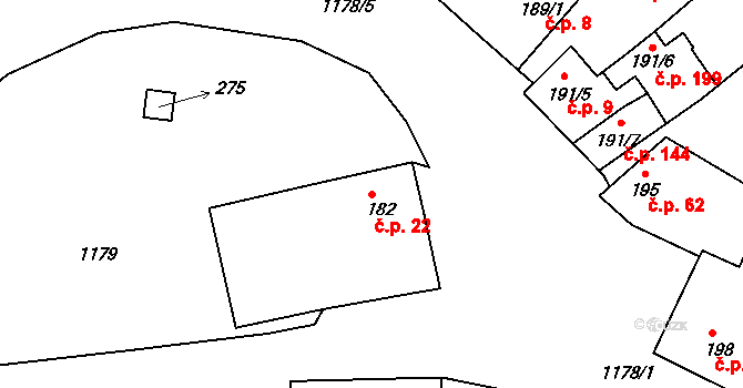 Holubov 22 na parcele st. 182 v KÚ Holubov, Katastrální mapa