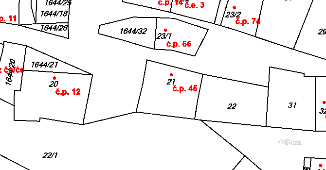 Brníkov 45, Mšené-lázně na parcele st. 21 v KÚ Brníkov, Katastrální mapa