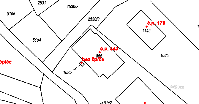 Francova Lhota 443 na parcele st. 855 v KÚ Francova Lhota, Katastrální mapa