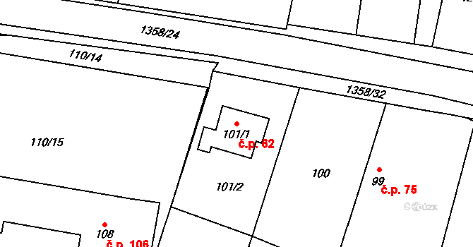 Slatiny 62 na parcele st. 101/1 v KÚ Slatiny, Katastrální mapa