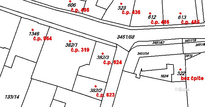 Lysá nad Labem 624 na parcele st. 382/3 v KÚ Lysá nad Labem, Katastrální mapa