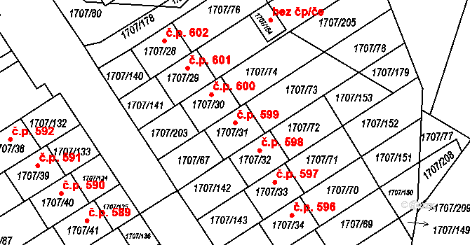 Miřetice u Klášterce nad Ohří 599, Klášterec nad Ohří na parcele st. 1707/31 v KÚ Miřetice u Klášterce nad Ohří, Katastrální mapa