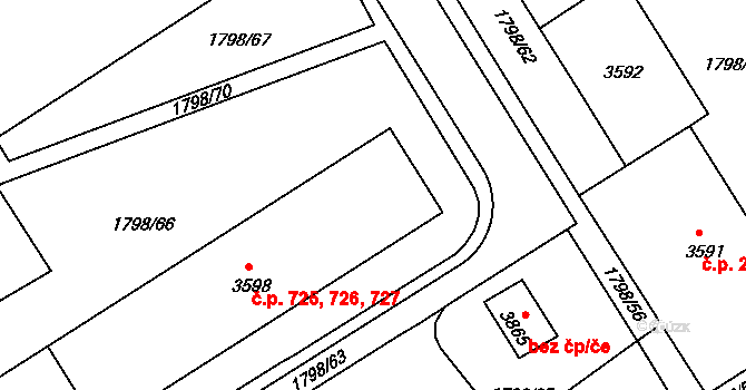 Chrudim III 725,726,727, Chrudim na parcele st. 3598 v KÚ Chrudim, Katastrální mapa