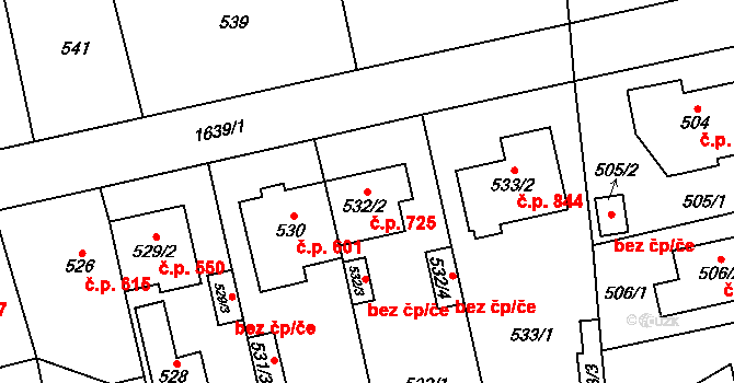 Řeporyje 725, Praha na parcele st. 532/2 v KÚ Řeporyje, Katastrální mapa