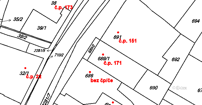 Suchdol nad Lužnicí 171 na parcele st. 689/1 v KÚ Suchdol nad Lužnicí, Katastrální mapa