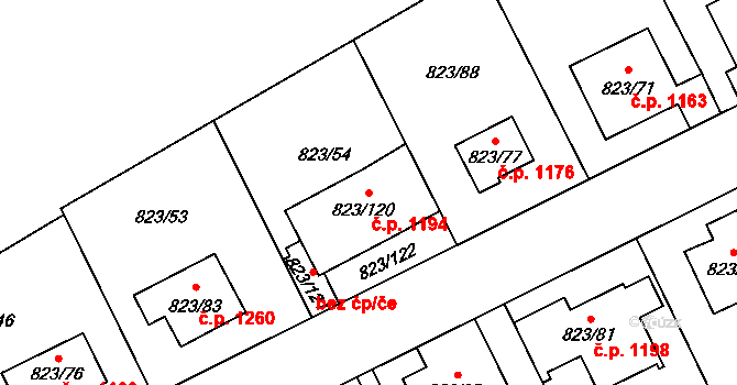 Radotín 1194, Praha na parcele st. 823/120 v KÚ Radotín, Katastrální mapa