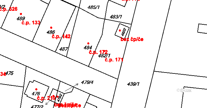 Čimice 171, Praha na parcele st. 482/1 v KÚ Čimice, Katastrální mapa