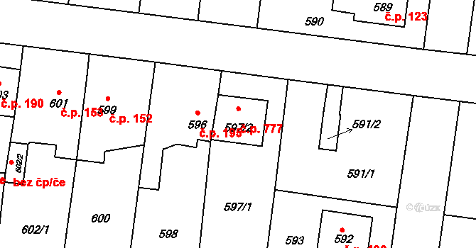 Čimice 777, Praha na parcele st. 597/2 v KÚ Čimice, Katastrální mapa